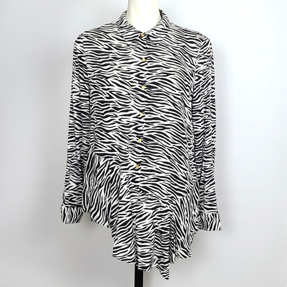 COMO Vintage Assymetrical Blouse  Roll Up Sleeve Ruffle Zebra Print Size XL - Picture 8 of 9